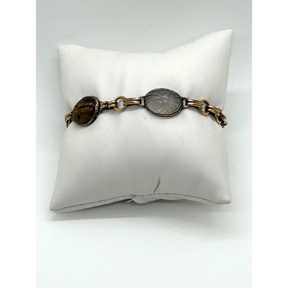 Egyptian Revival 1920s-30s Scarab Bracelet With Carved Natural Stones & Gold-Ton - Picture 4 of 16